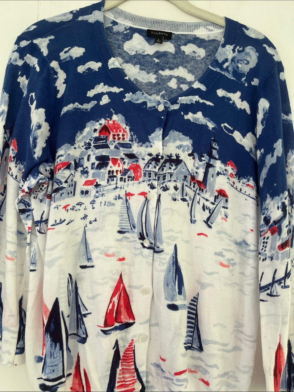 TALBOTS Sailboat Regatta Cotton Cardigan Size Large  Nautical - Picture 4 of 15